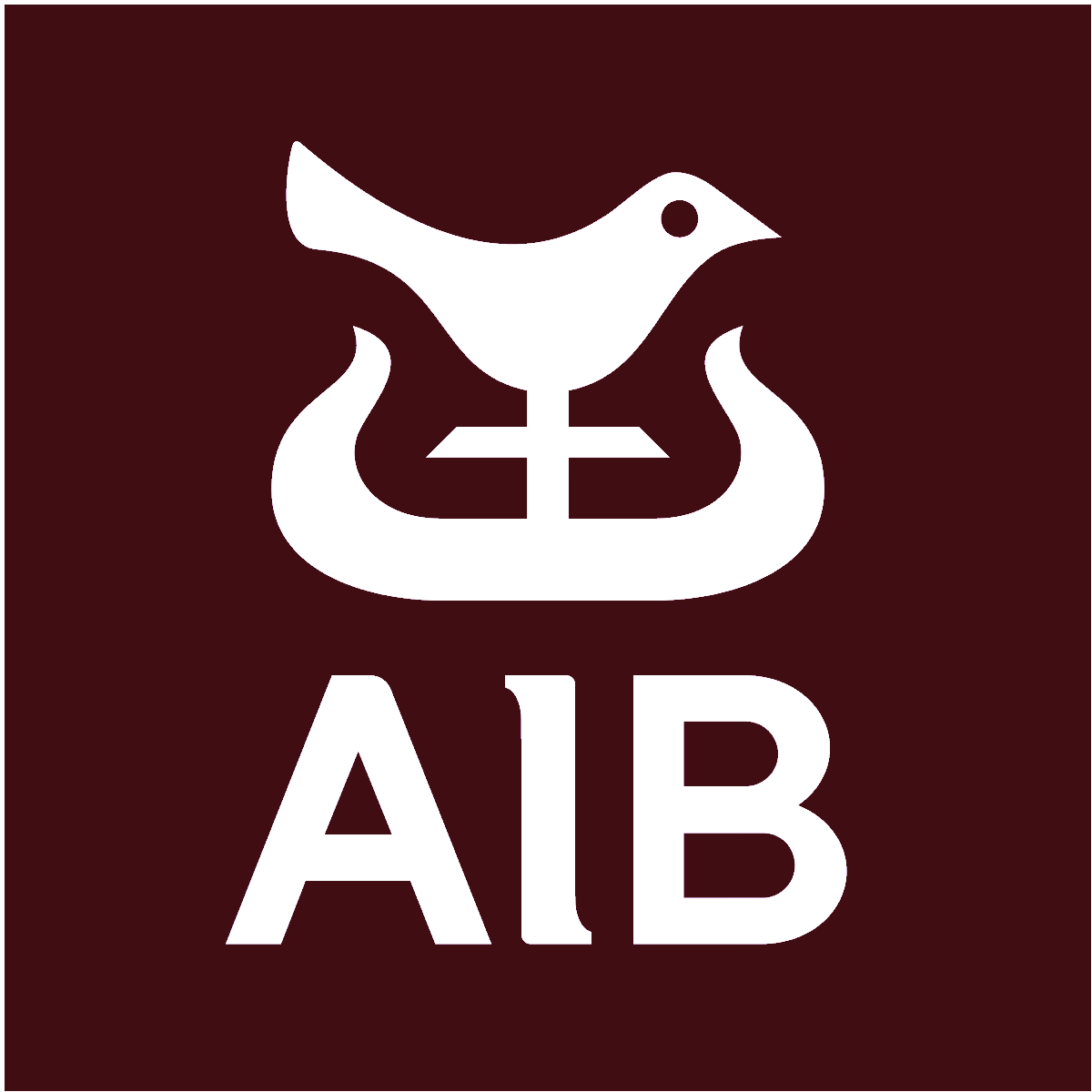 AIB logo with black symbol combining a bird above flames with the text 'AIB' below, on a dark red background.