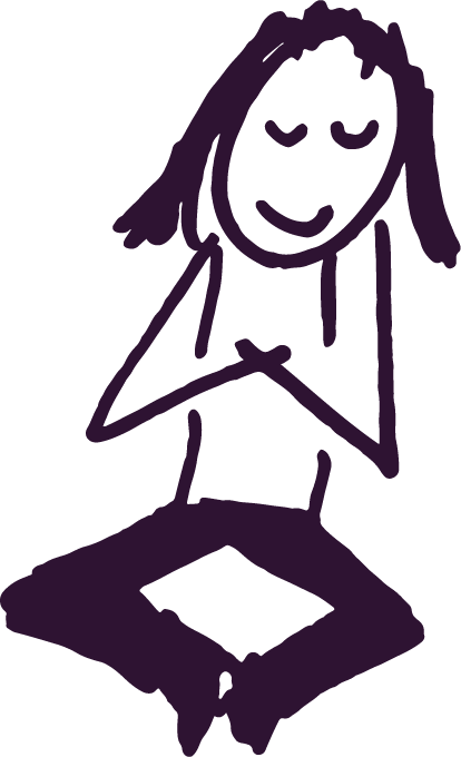 A simple line drawing of a person sitting cross-legged with their eyes closed and hands together in a prayer or meditation pose.