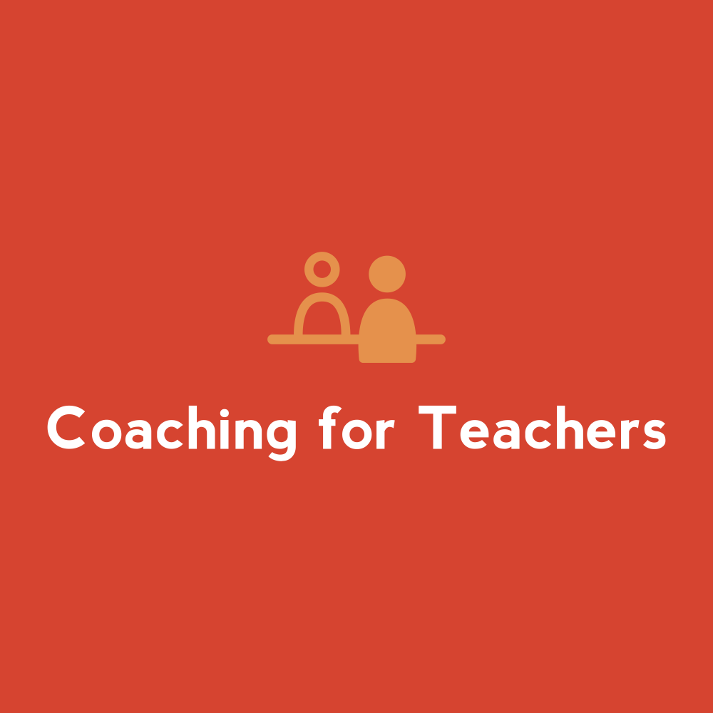 Illustration of two simplified figures sitting at a table with the text "Coaching for Teachers" on a red background.