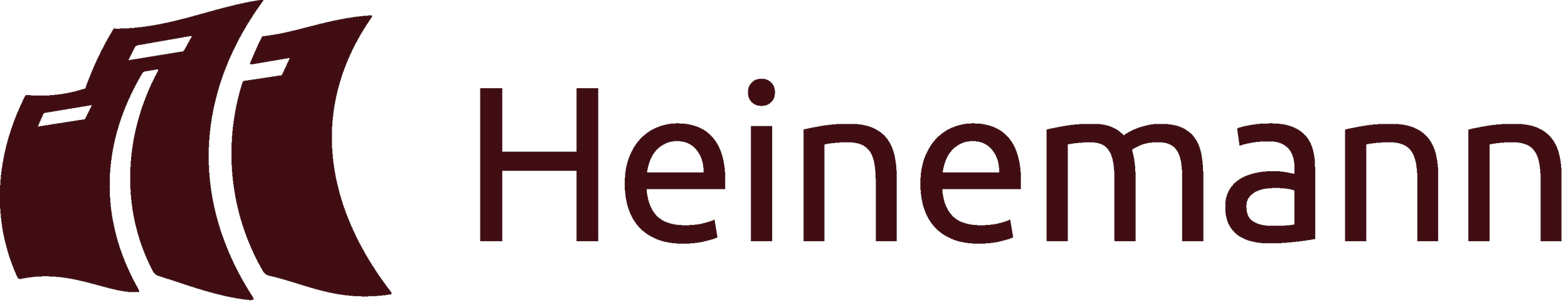 Heinemann logo with stylised book pages in dark red on a black background.