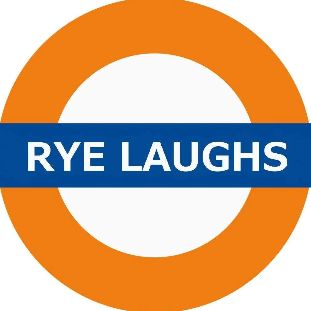 A circular logo with an orange border, a white center, and a blue band across the middle containing the white text 'RYE LAUGHS'.