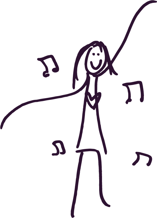A simple line drawing of a smiling girl with long hair, standing with one arm raised, surrounded by musical notes.