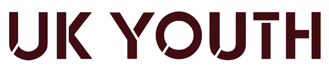 The words 'UK YOUTH' written in large, stylized capital letters with a gradient dark red to purple color.