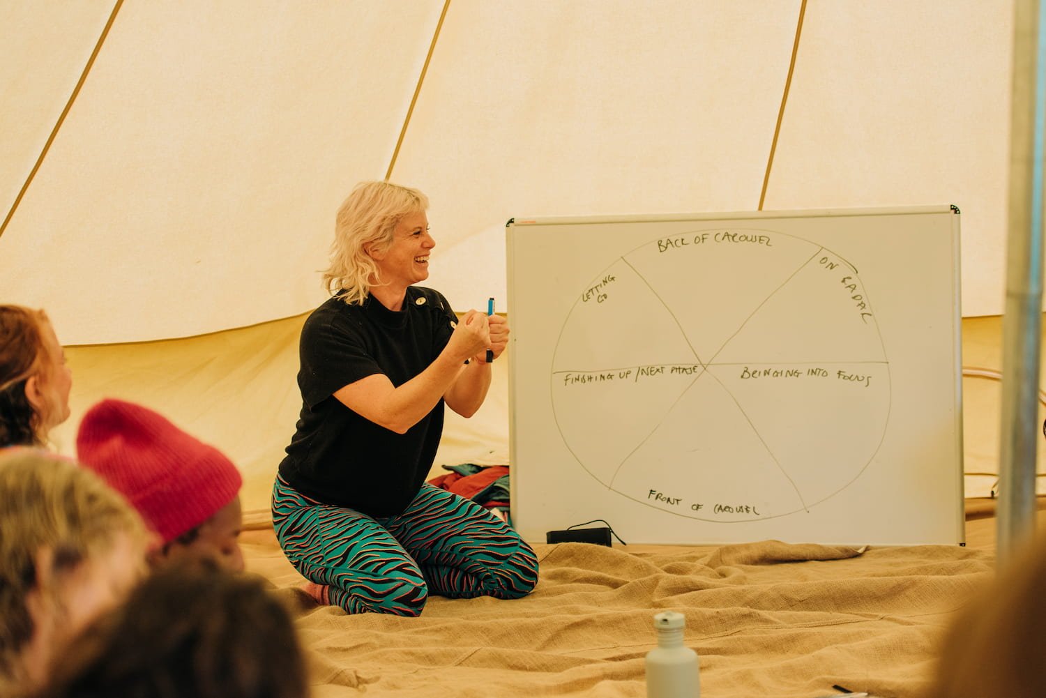 Sarah Weiler kneeling on the floor, smiling and holding a marker, in front of a whiteboard with a circular diagram, surrounded by seated audience members in a cozy indoor setting.