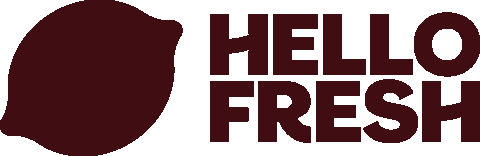 Hello Fresh logo with an abstract dark red leaf shape.