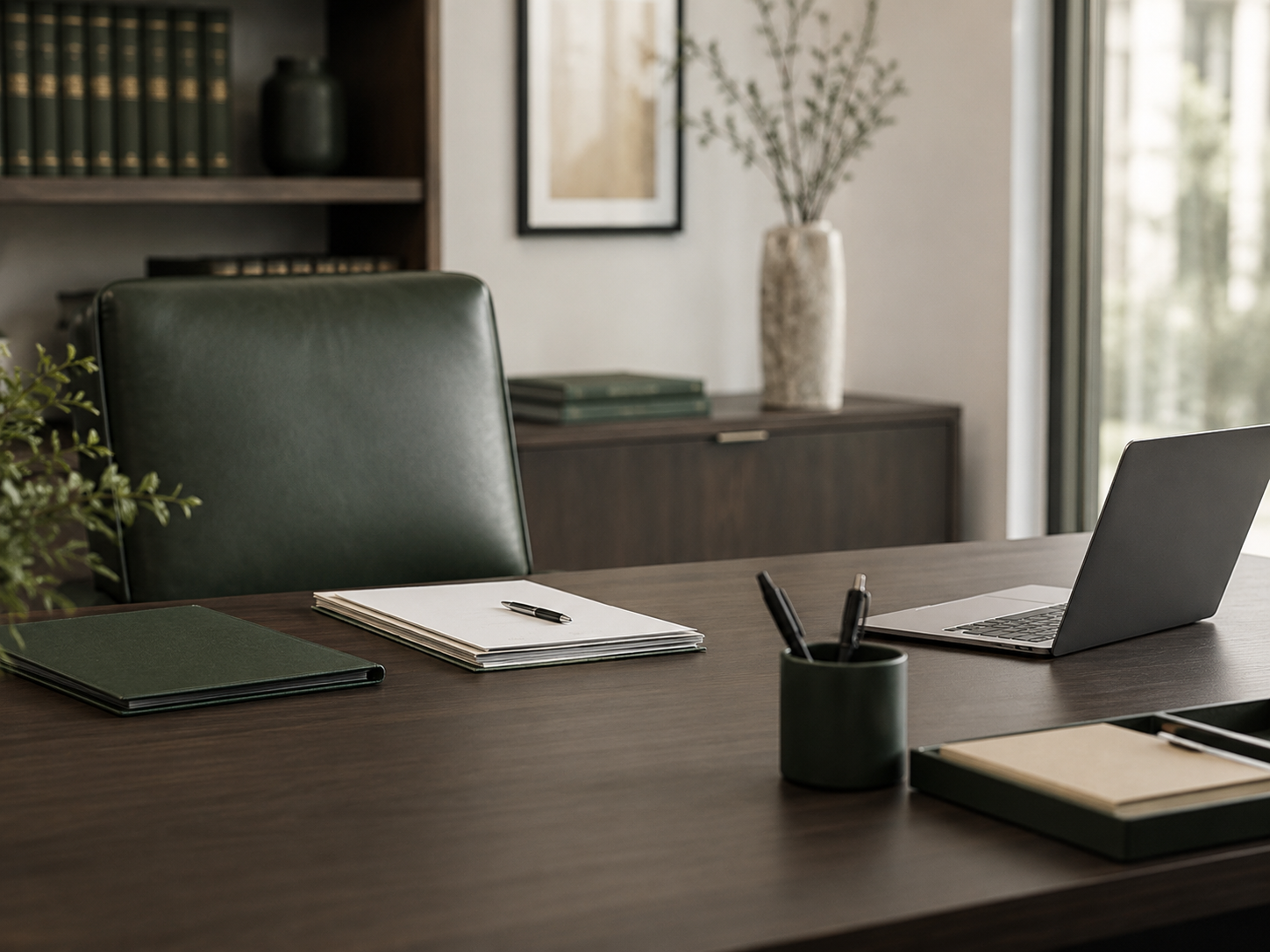 Office desk with a laptop, notebooks, pens in a cup, and papers in a well-lit room with a bookshelf, framed artwork, and a vase with branches in the background.