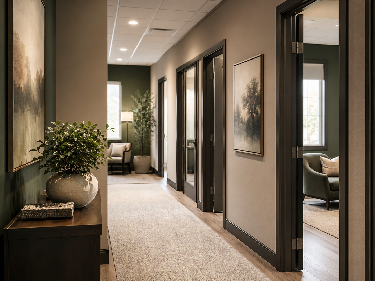 Hallway with framed artwork, potted plant, and seating area with chair and lamp in the background.