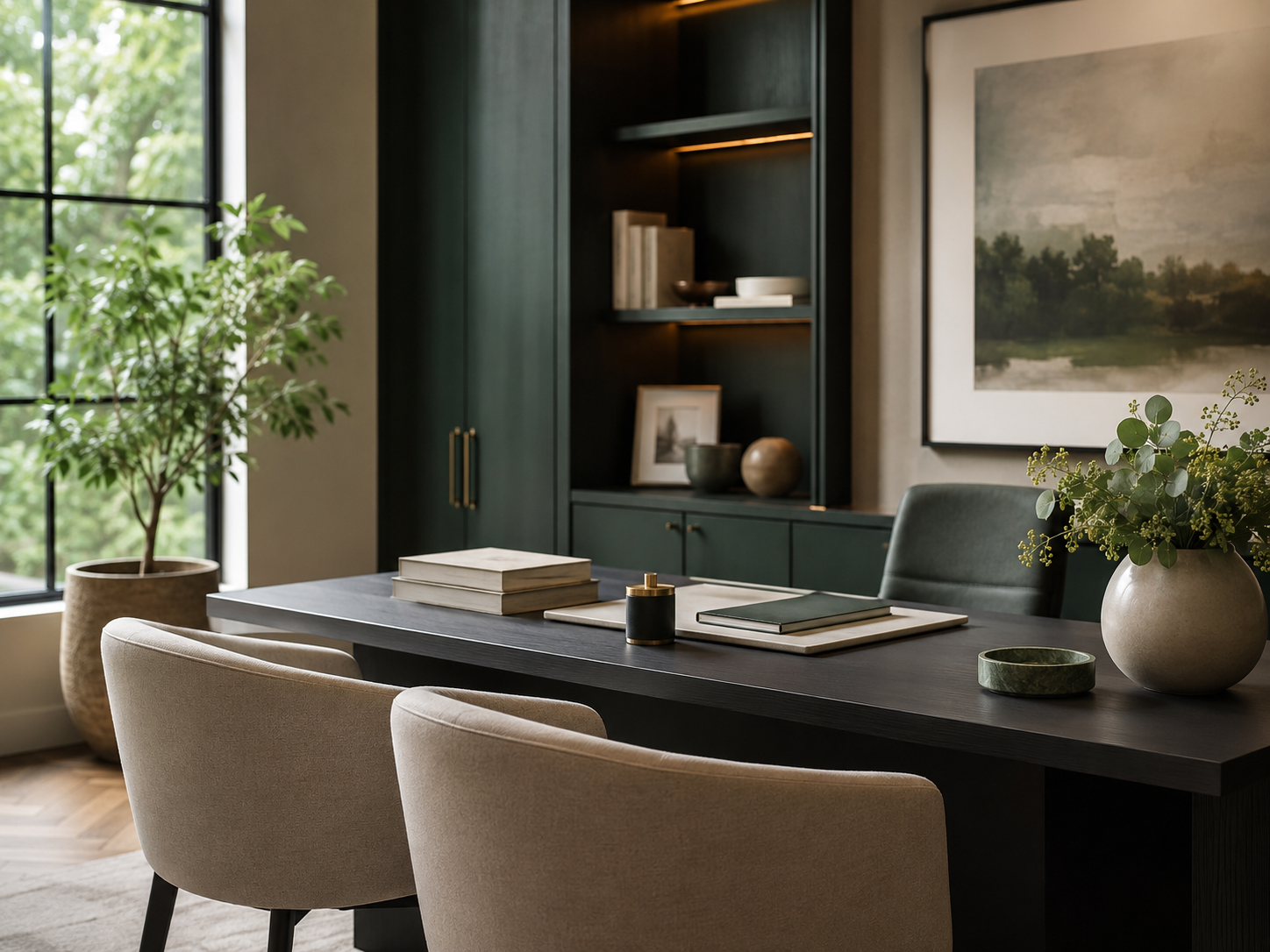 Modern home office or dining room with a dark wooden table, beige chairs, green plants, a large painting, and dark green cabinetry with books and decorative objects.