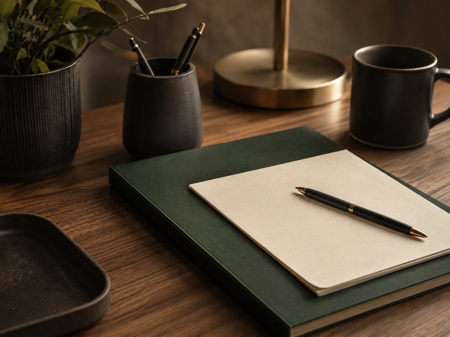 A wooden desk with a green notebook, a cream-colored notepad with a black and gold pen, a black ceramic mug, a gray ceramic pen holder, a black ceramic planter with a green plant, a gold desk lamp, and a black ceramic dish.