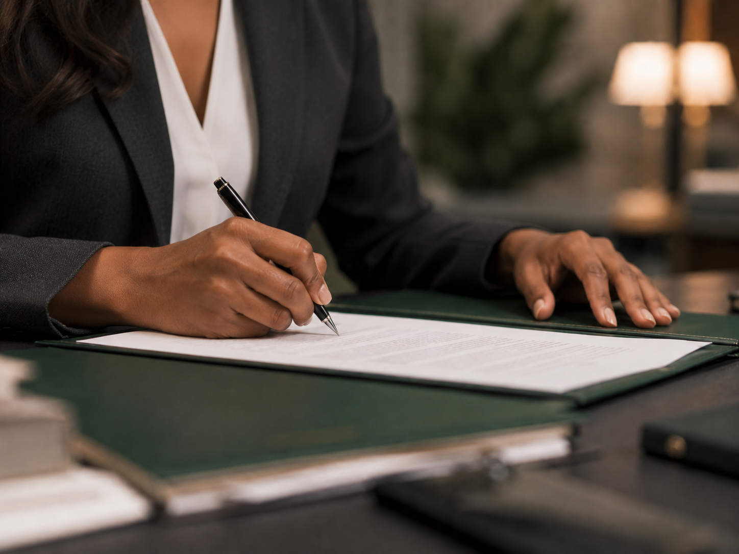 A person in a business suit signing a document with a pen at a desk in an office setting.
