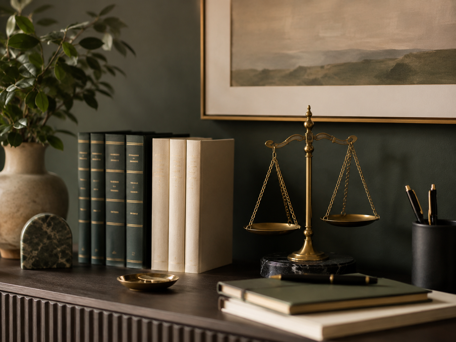 A decorative desk with a small brass balance scale, a potted green plant, several books, and notebooks, all placed on a dark wooden surface against a dark green wall with framed artwork.