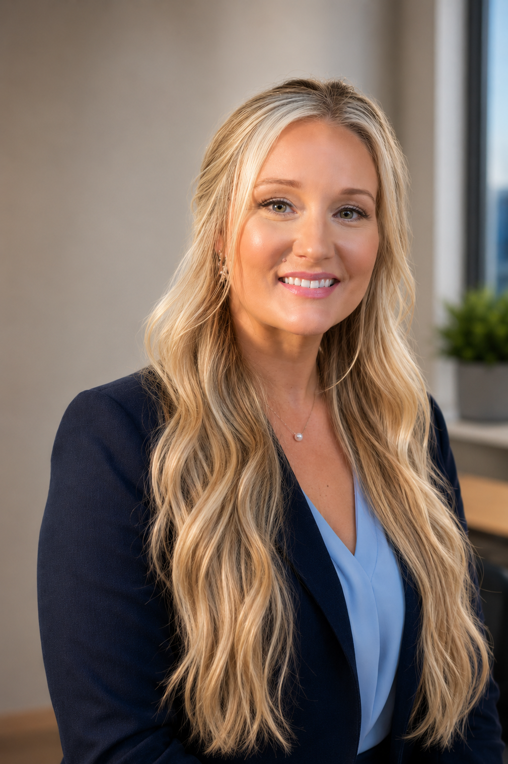 A professional woman with long blonde hair smiling, wearing a dark blazer and light blue blouse, sitting in an office with a window and a potted plant in the background.