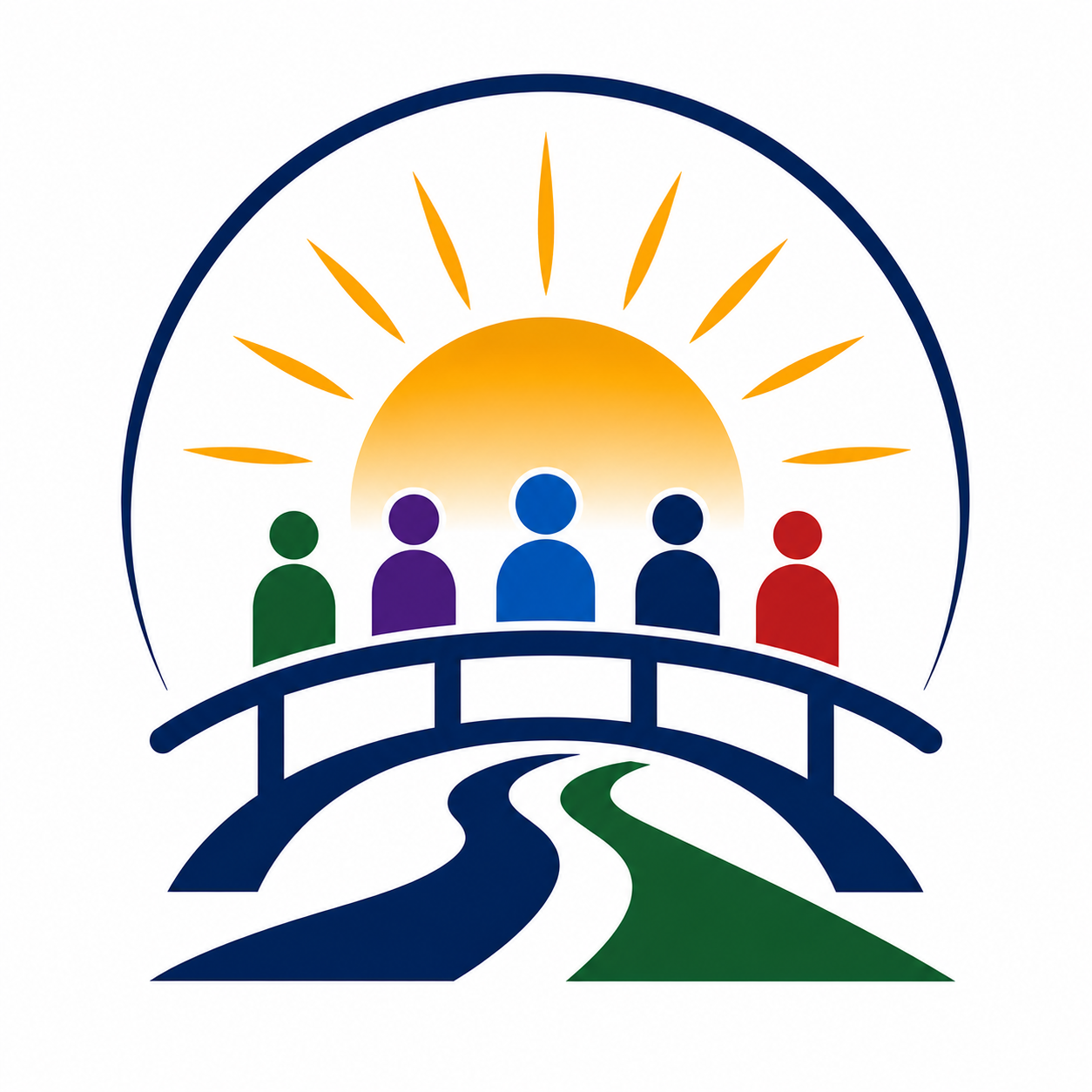 Logo with five colorful human figures standing on a bridge, with a sunrise and rays in the background, and a winding path below.