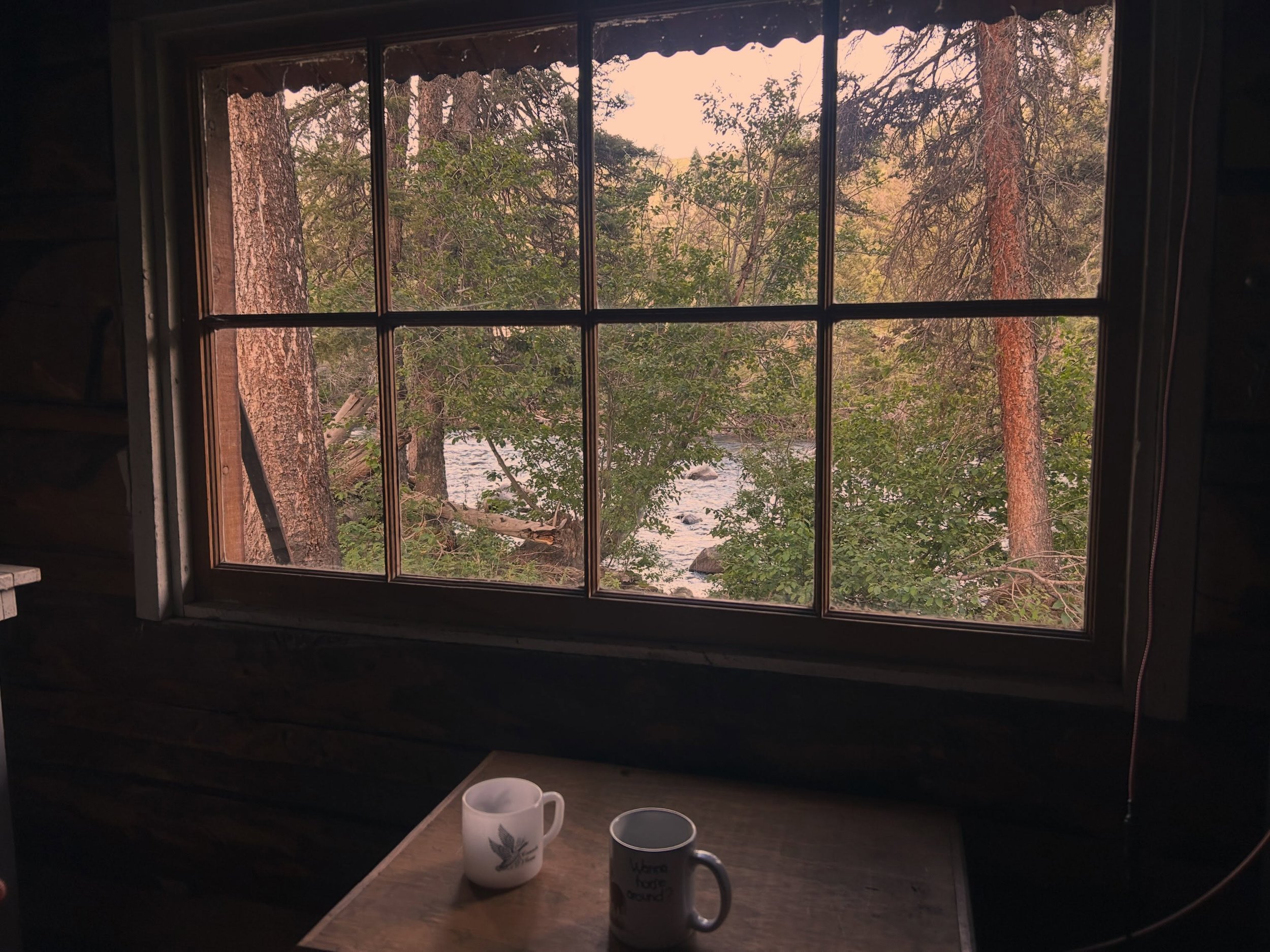 View from inside a rustic log cabin looking through a multi-paned window at two coffee mugs on a small wooden table, with a rocky river and pine trees visible outside.