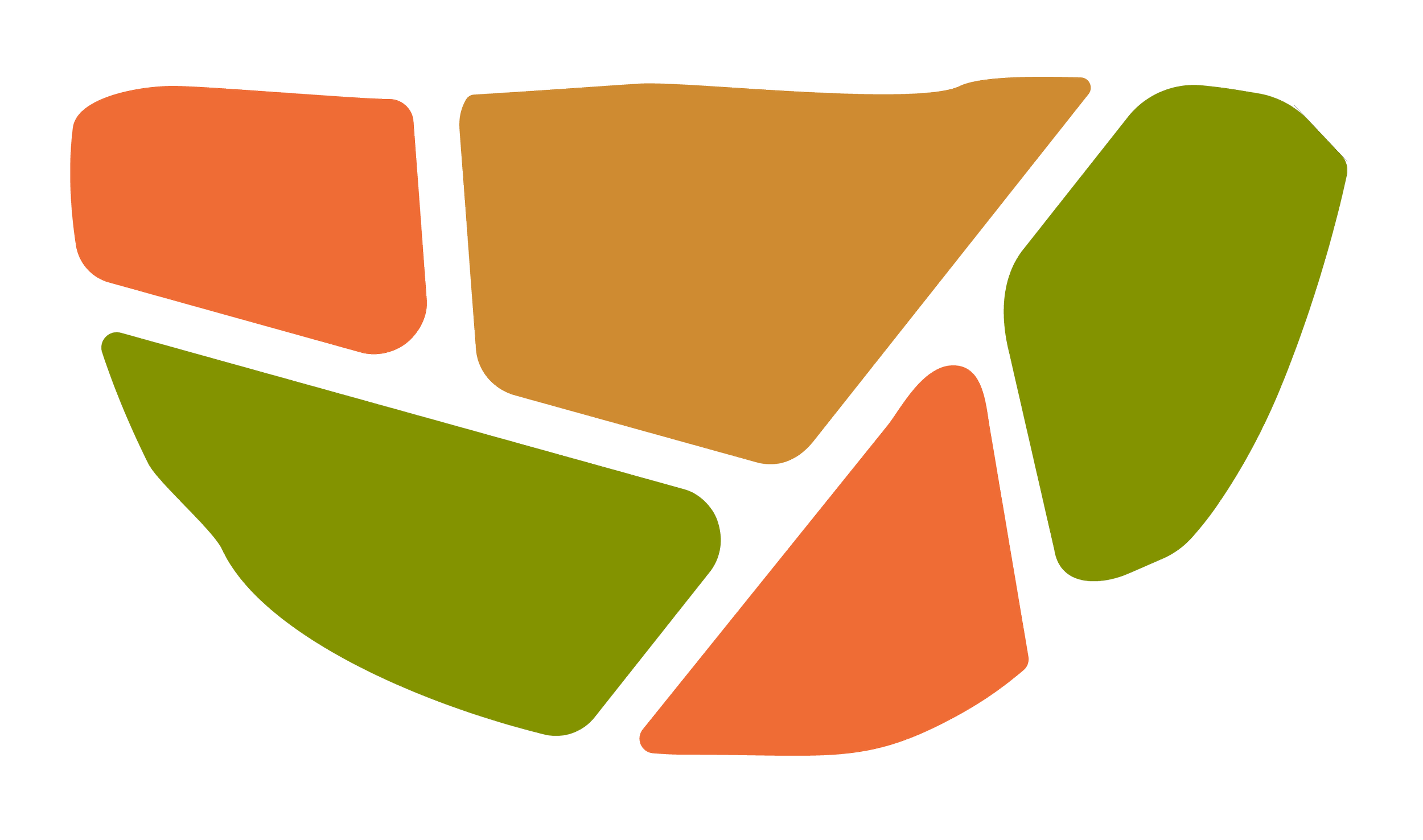 Colorful abstract geometric shapes in orange, brown, and green on a white background.