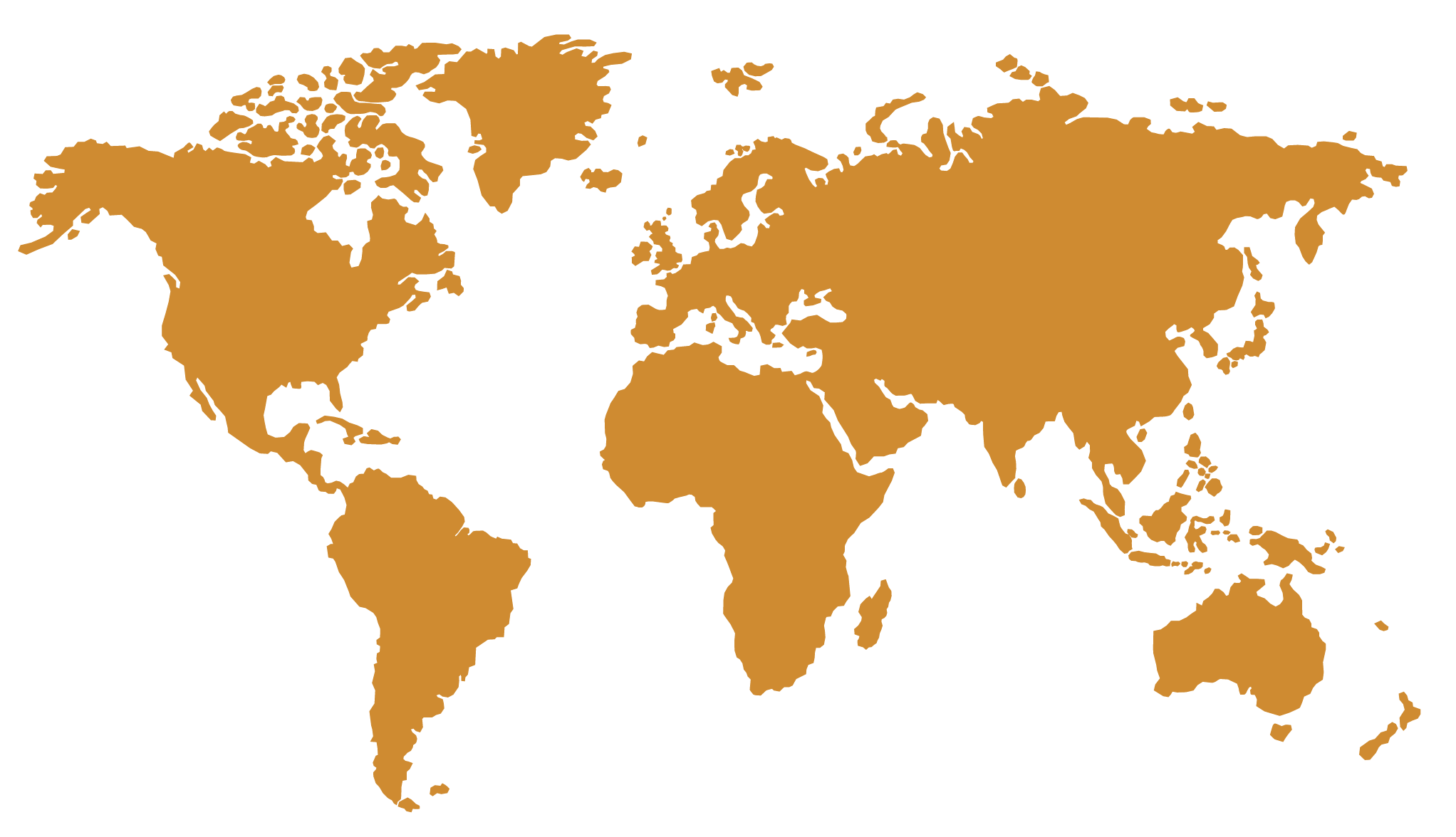 World map with countries in brown and background in black.
