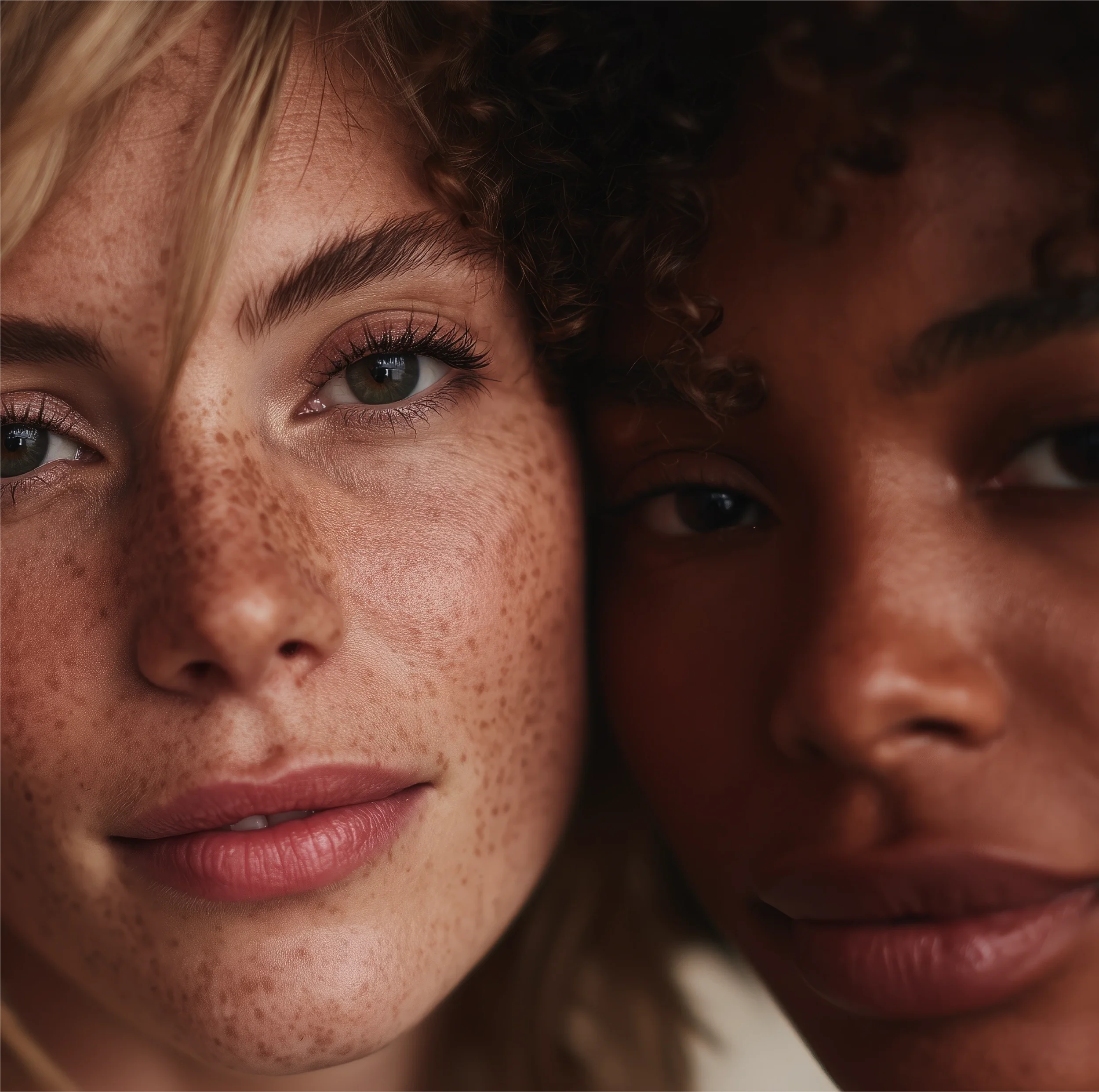 Close-up editorial portrait of two women with diverse skin tones, highlighting natural skin texture, freckles, eyes, and facial features in warm, soft lighting.