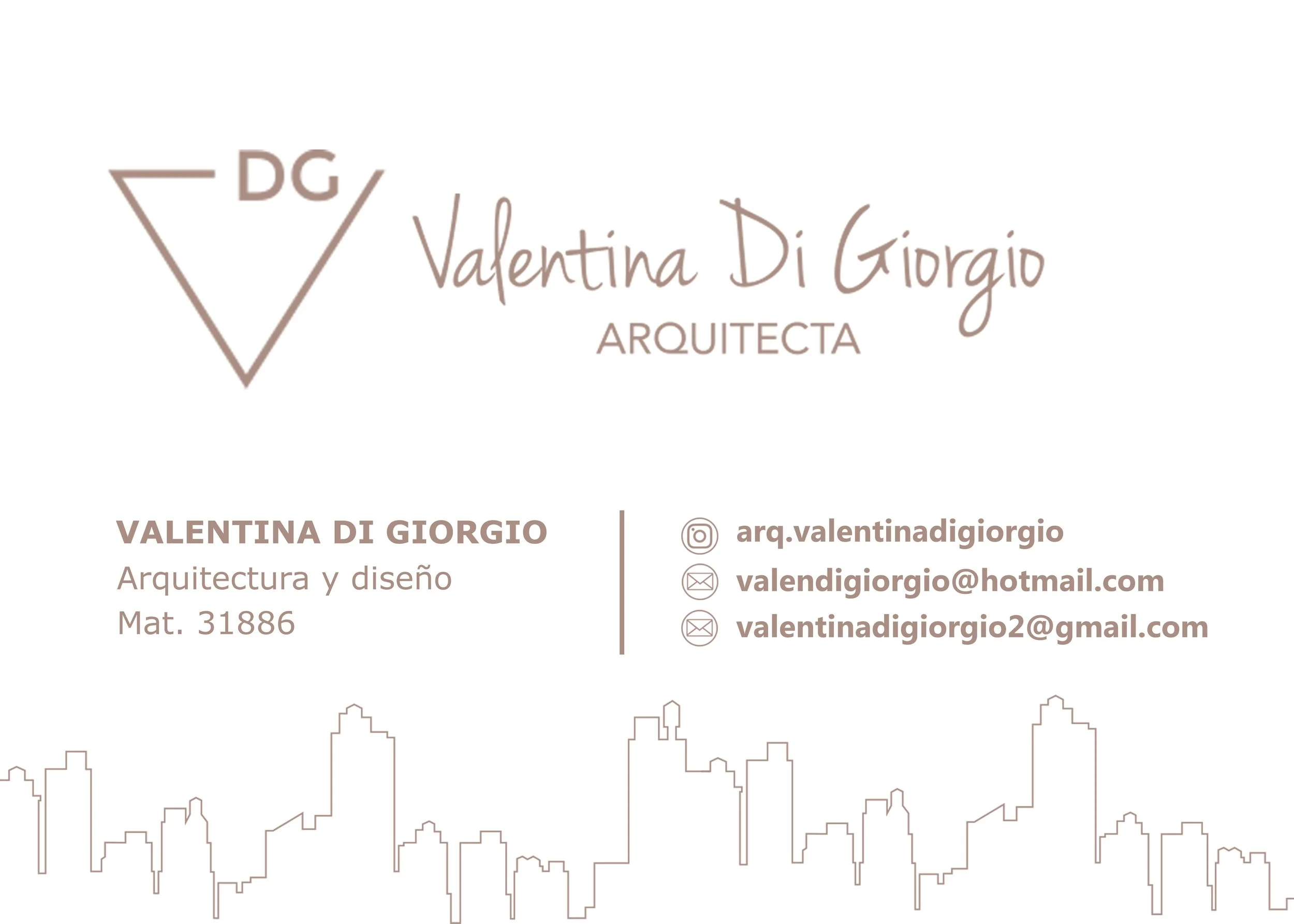 Business card for Valentina Di Giorgio, architect, featuring a minimalist city skyline outline and contact information including email and Instagram handle.