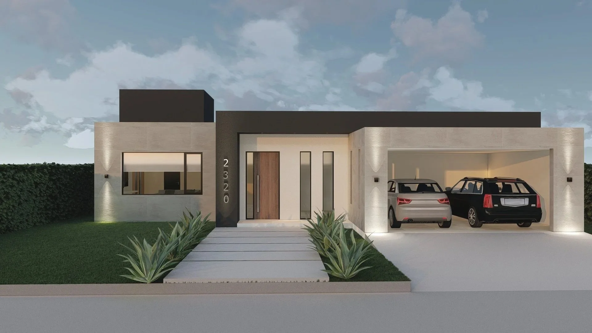Modern house with a flat roof, featuring a front yard with patterned concrete walkway, green bushes, and star-shaped outdoor wall lights. The house has a large window and a wooden front door with vertical glass inserts. To the right, there is a covered garage with two cars parked inside, one white and one black. The house number, 2320, is vertically displayed next to the front door.