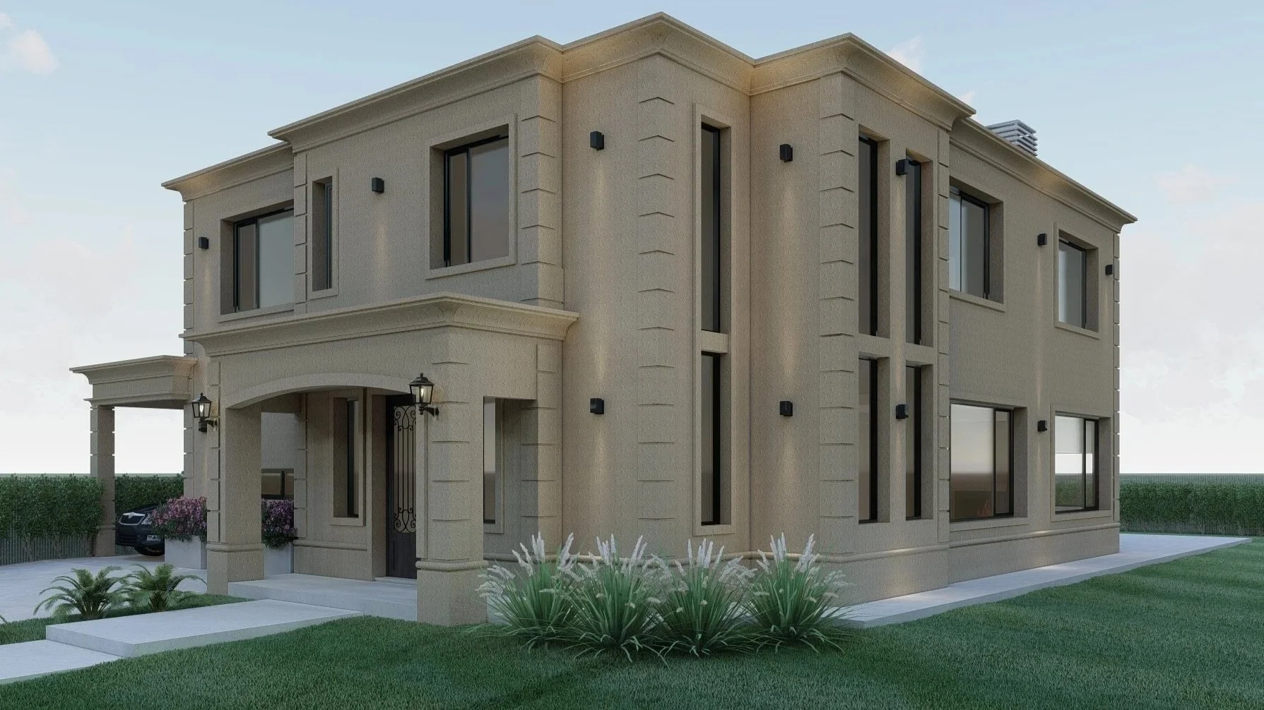 A modern two-story house with beige exterior, flat roof, multiple tall black-framed windows, and an arched front entrance with a black wrought-iron door. The house is surrounded by a green lawn, bushes, and small plants, with a car parked on the side.