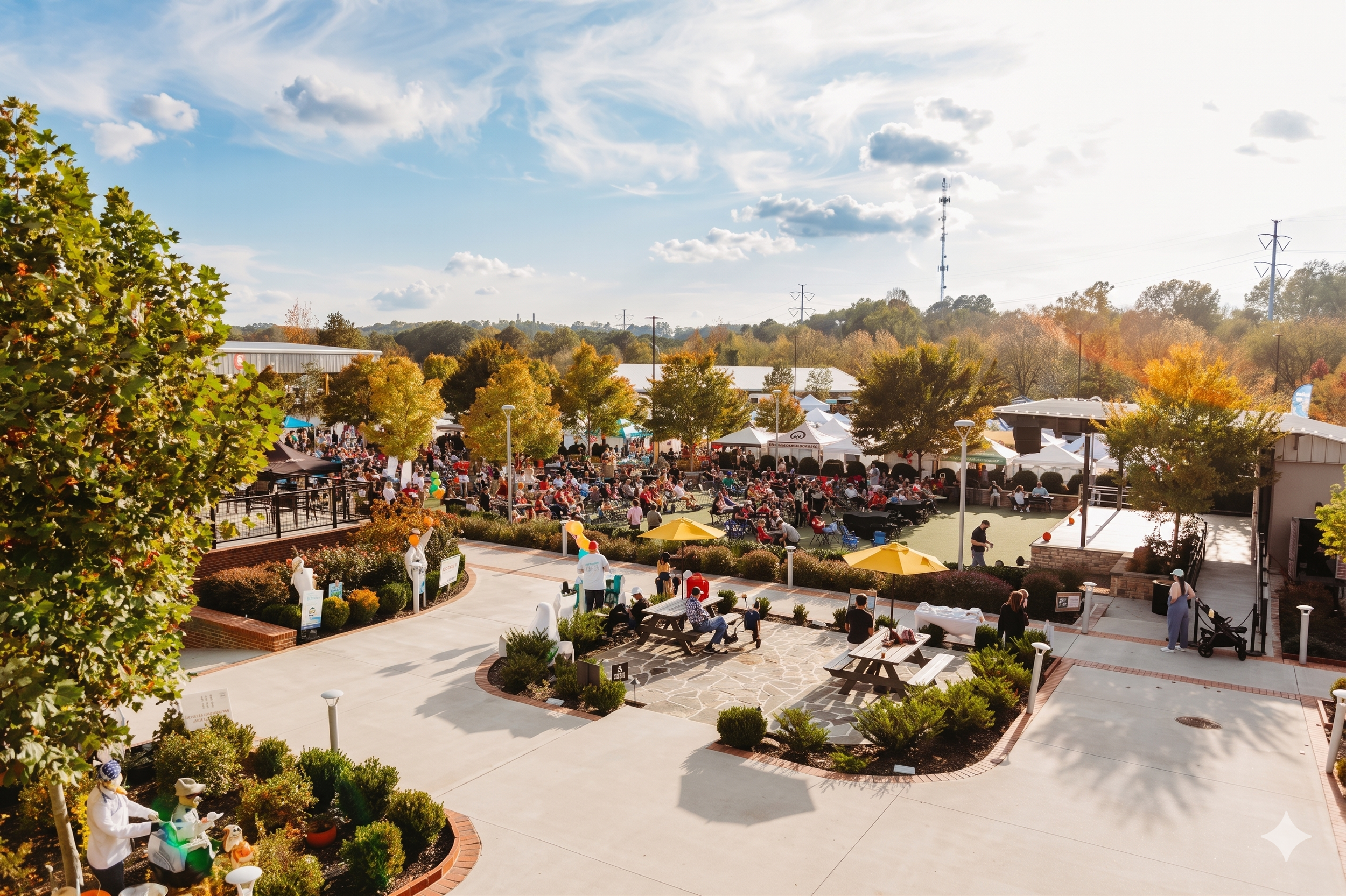 Outdoor festival with tents, people, trees with fall foliage, and a partly cloudy sky.