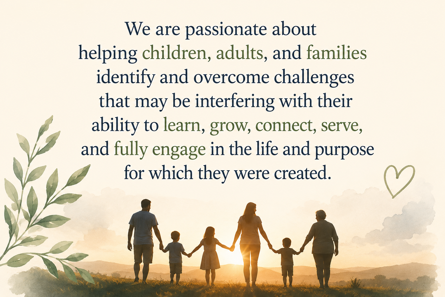 Illustration representing Kingdom First Wellness Center's mission to help children, adults, and families learn, grow, connect, and flourish through brain-based support and compassionate care.