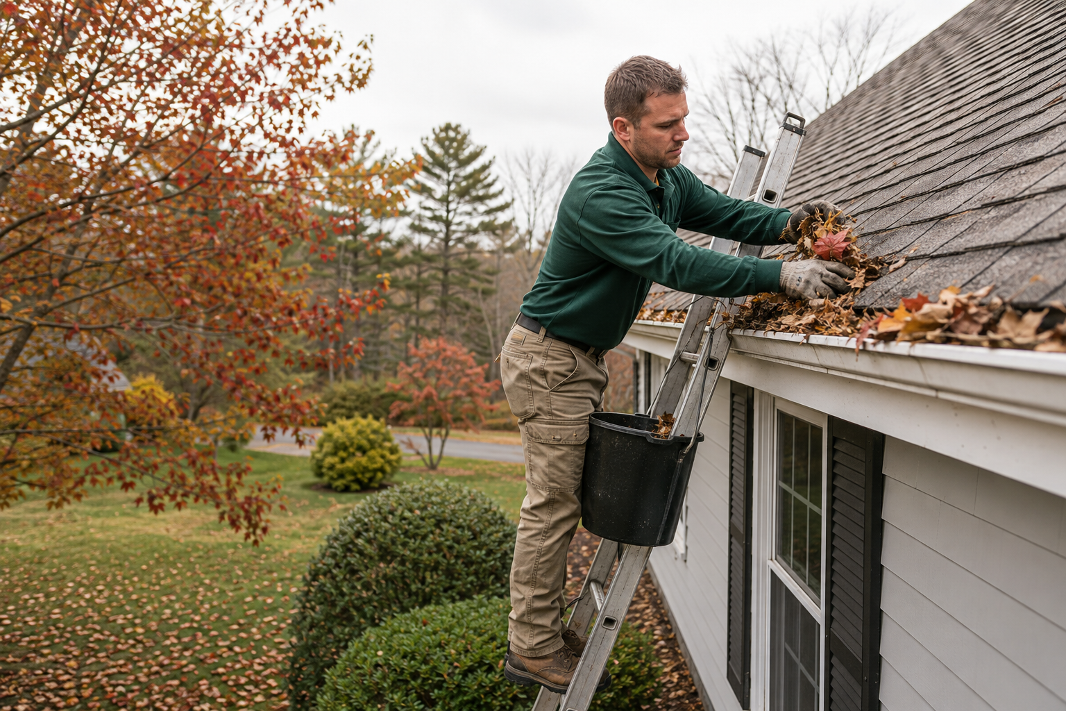 Professional gutter cleaner removing fall leaves from a clogged gutter in Massachusetts