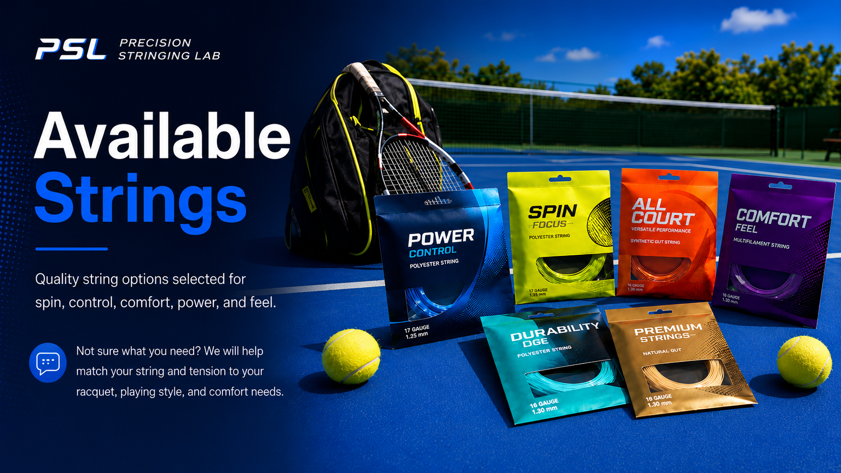 A promotional display of tennis strings from PSL Precision Stringing Lab on a tennis court. The display includes a backpack, tennis rackets, and five different packages of tennis strings in various colors and types, such as polyester, gut, multifilament, and durable strings. There are also two tennis balls on the court.