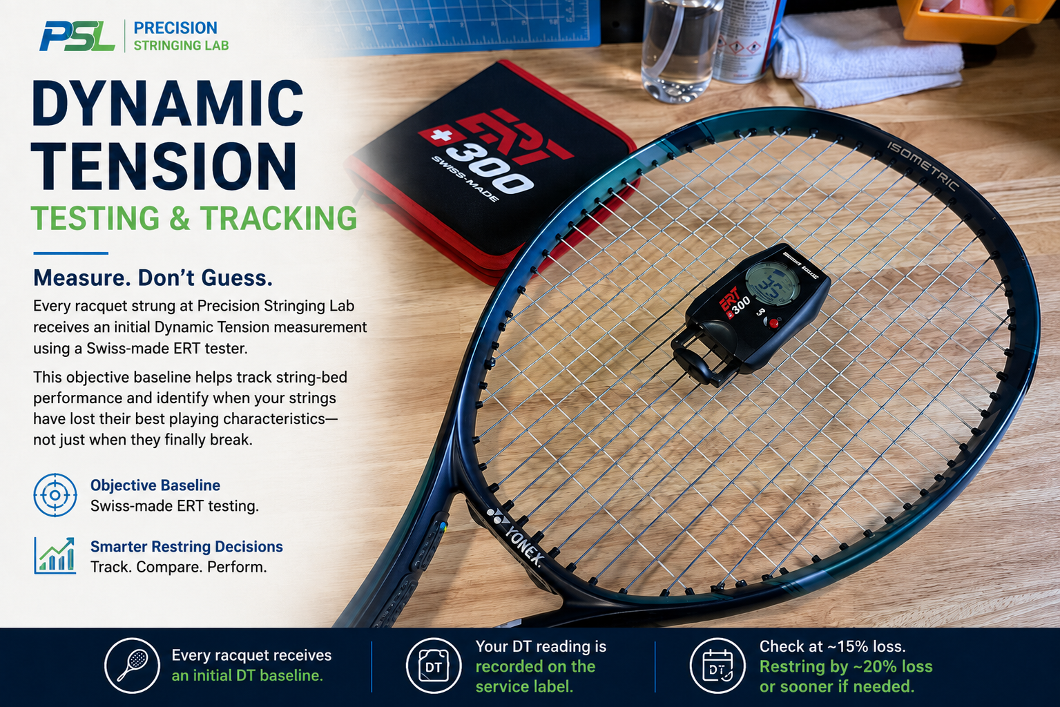 Precision Stringing Lab measures and tracks tennis racquet Dynamic Tension using a Swiss-made ERT tester. Each newly strung racquet receives an initial DT baseline to help players monitor string-bed performance and make better restringing decisions.
