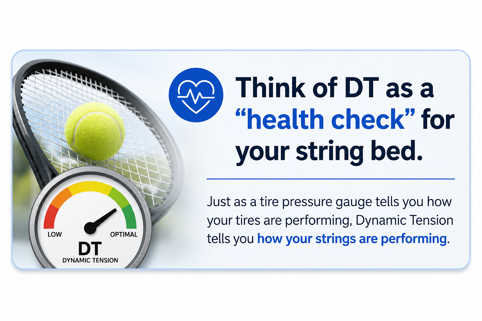 Dynamic Tension health-check graphic showing a tennis racquet and gauge used to monitor string-bed performance.