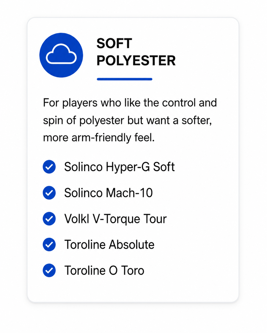 Soft Polyester Tennis Strings including Solinco Hyper-G Soft, Solinco Mach-10, Volkl V-Torque Tour, Toroline Absolute, and Toroline O Toro
