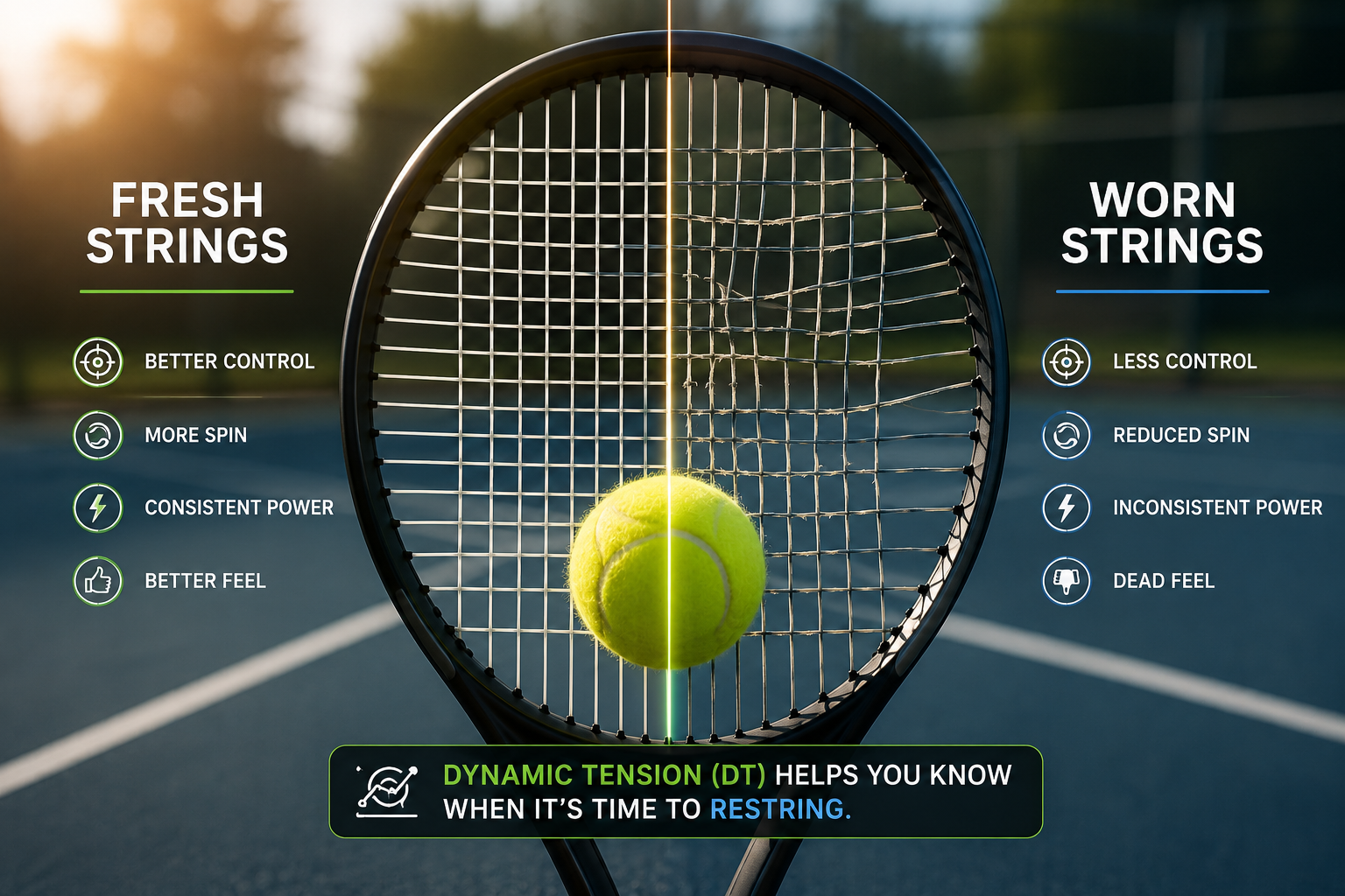 Comparison image showing fresh tennis strings versus worn strings on a racquet, illustrating how Dynamic Tension affects control, spin, power, and feel.