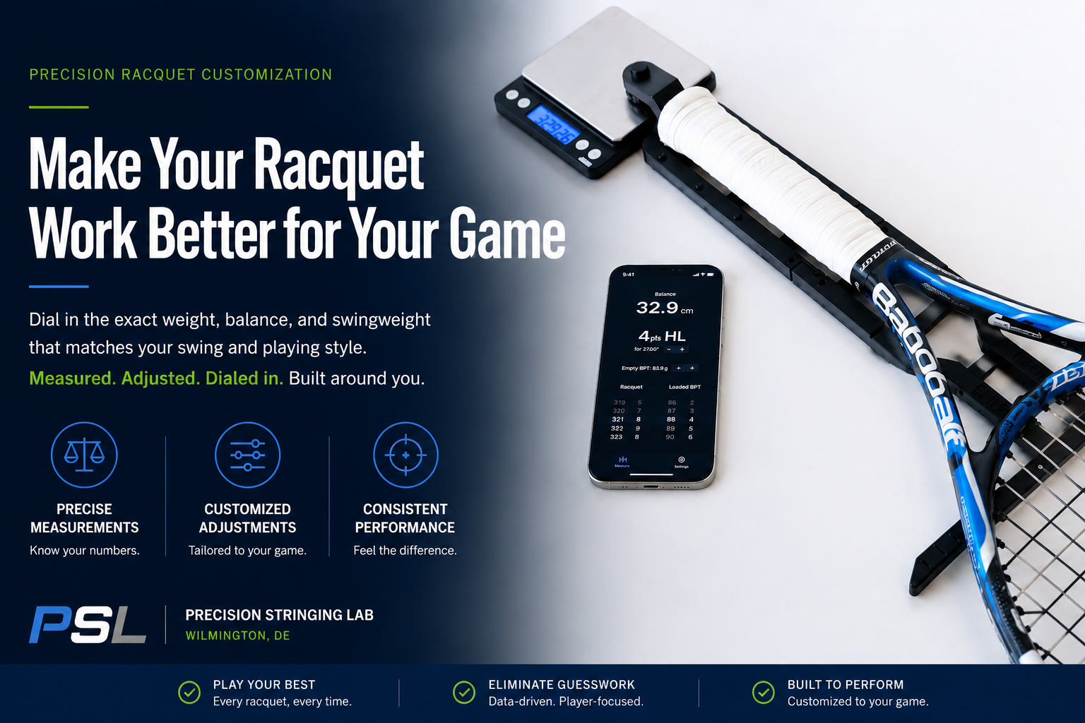 Tennis racquet customization services at Precision Stringing Lab, including baseline measurement, weight and balance adjustment, swingweight adjustment, and racquet matching.