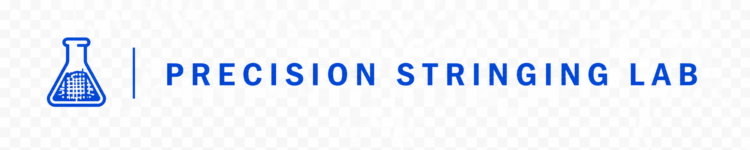 Precision Stringing Lab logo featuring a laboratory flask with a tennis racquet design.
