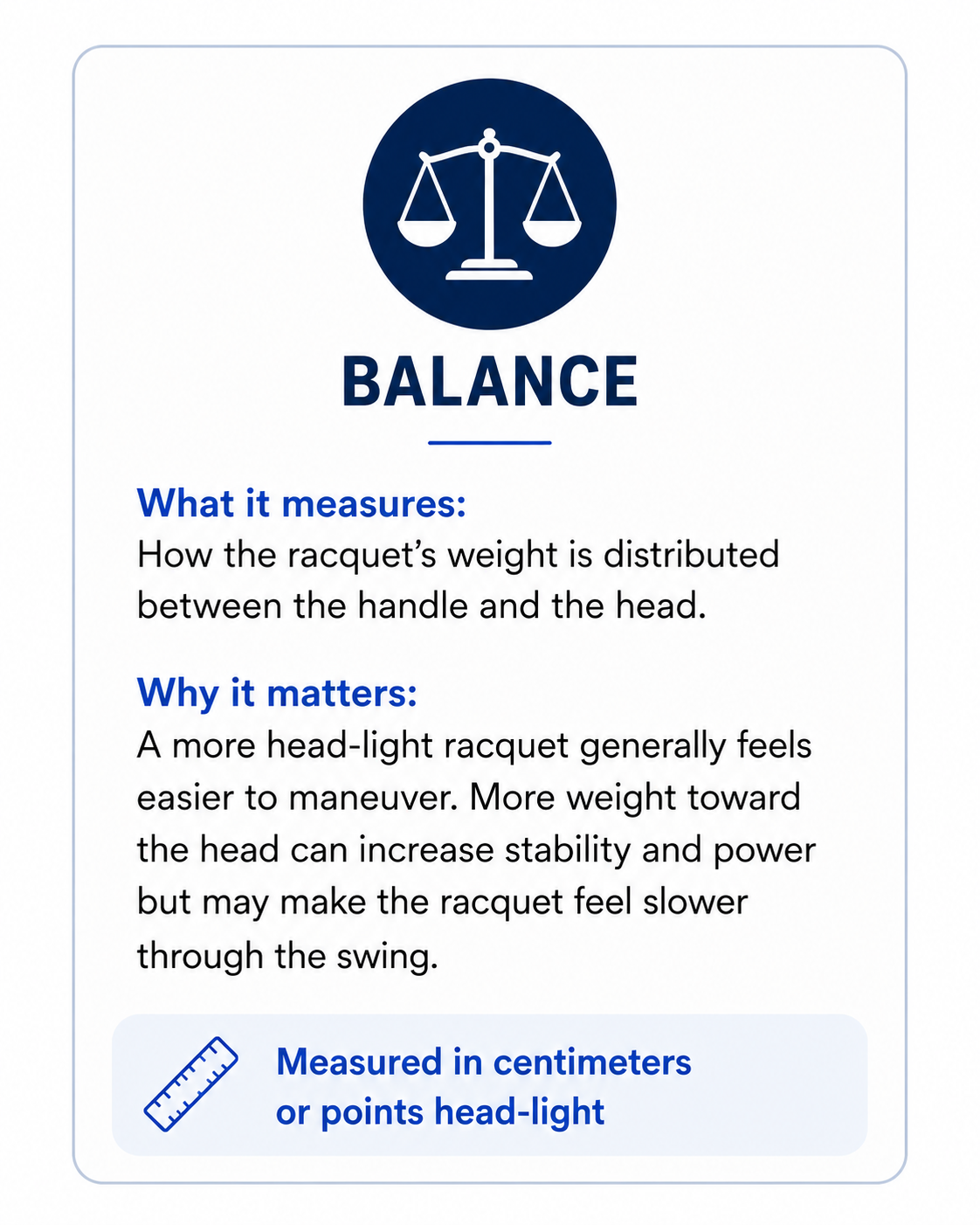 Infographic explaining tennis racquet balance, including how weight distribution between the handle and head affects maneuverability, stability, and power.