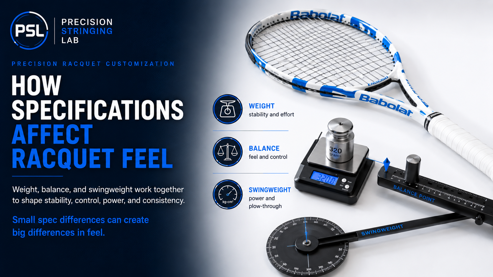 Infographic explaining how tennis racquet weight, balance, and swingweight affect stability, control, power, plow-through, and overall racquet feel.