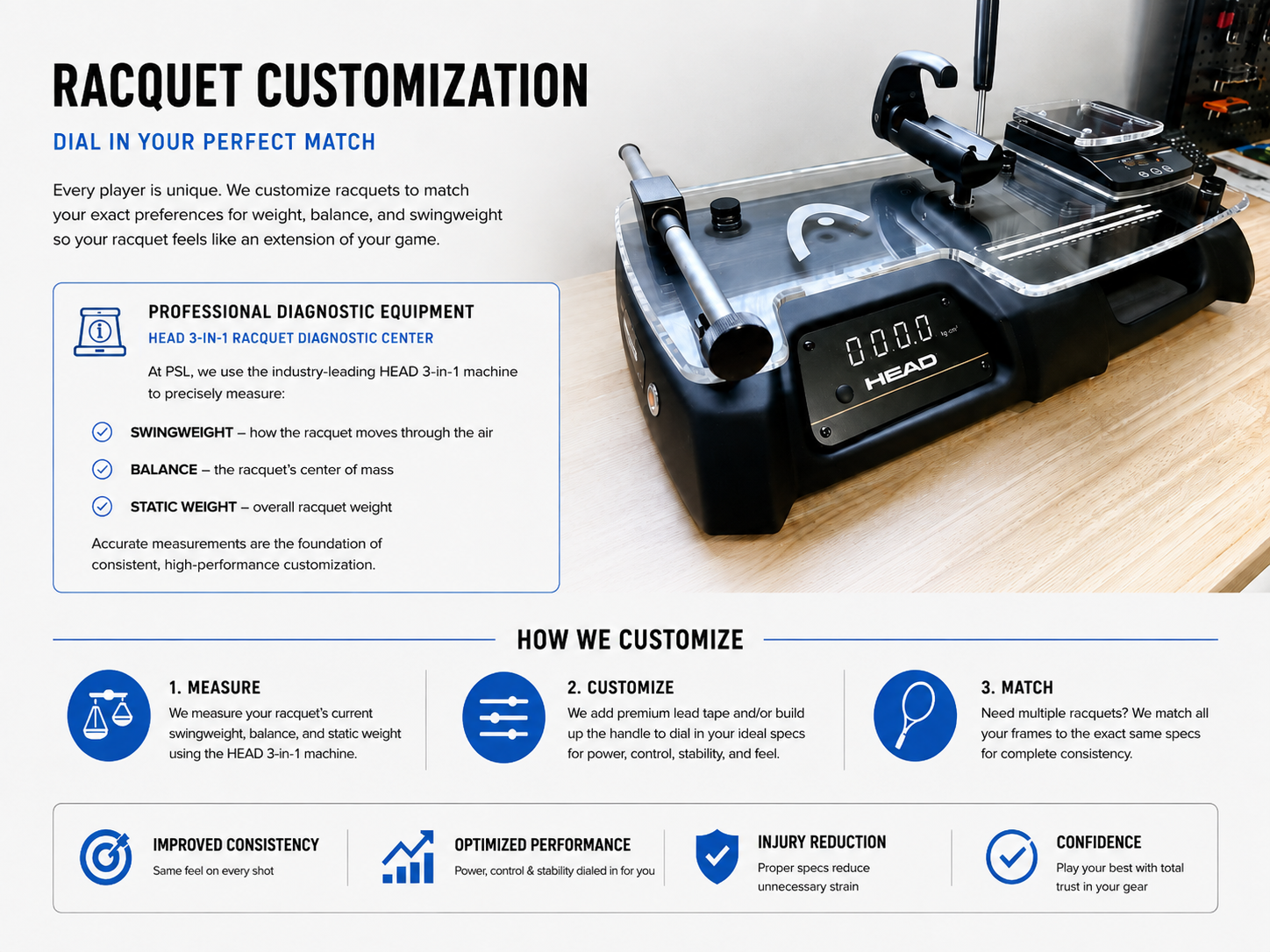 HEAD 3-in-1 racquet diagnostic machine used by Precision Stringing Lab to measure swingweight, balance, and static weight.