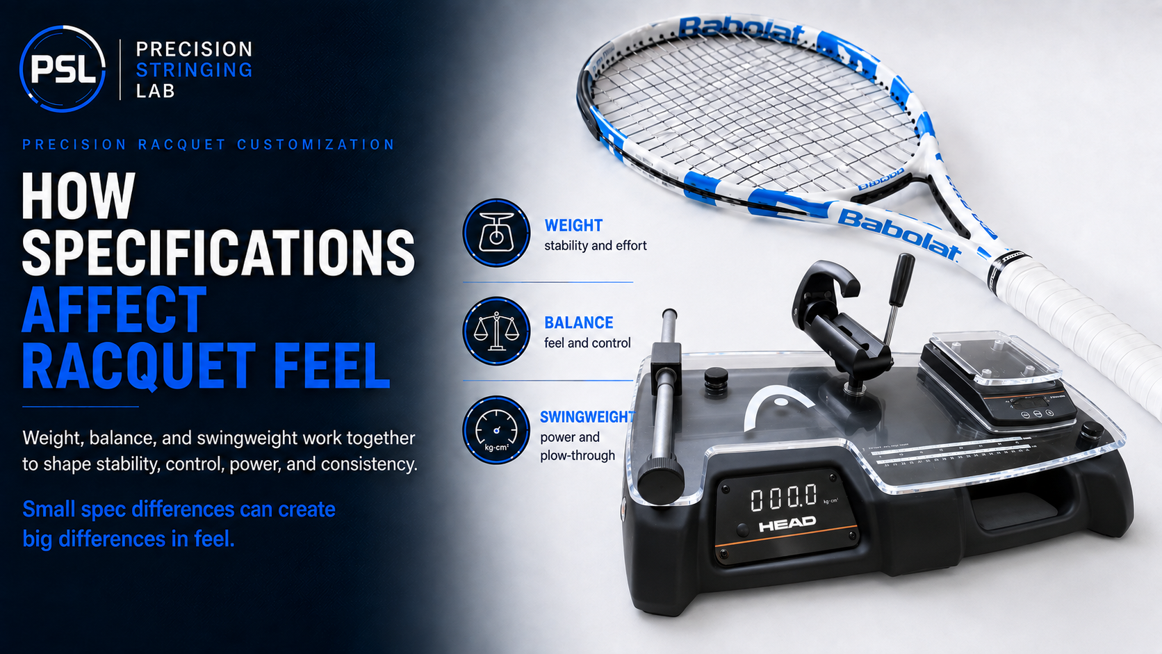 HEAD 3-in-1 racquet diagnostic machine used by Precision Stringing Lab to measure swingweight, balance, and static weight.