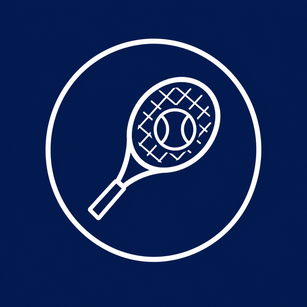 White tennis racquet and ball icon on a navy background representing professional racquet customization services.