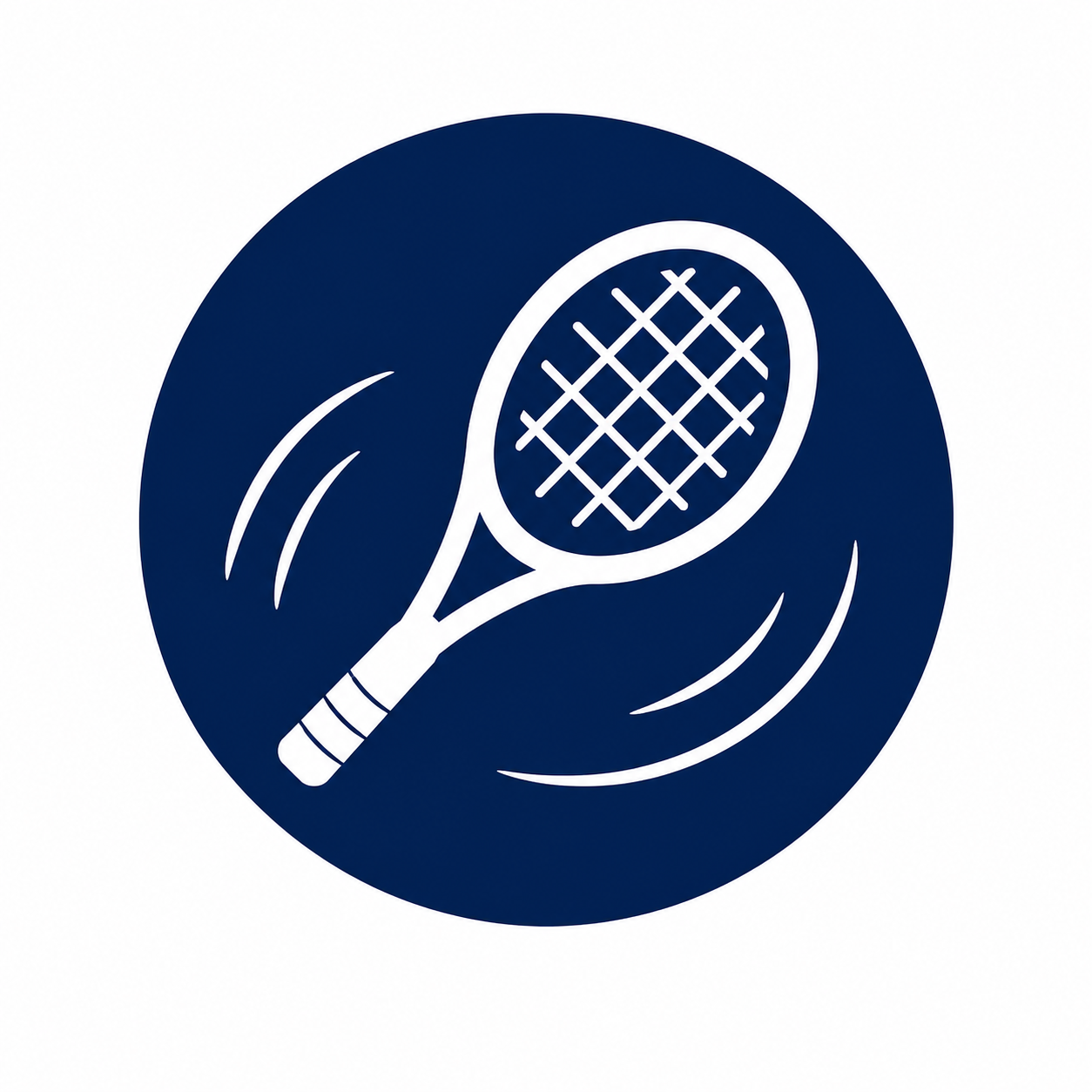 White tennis racquet and ball icon on a navy background representing professional racquet customization services.