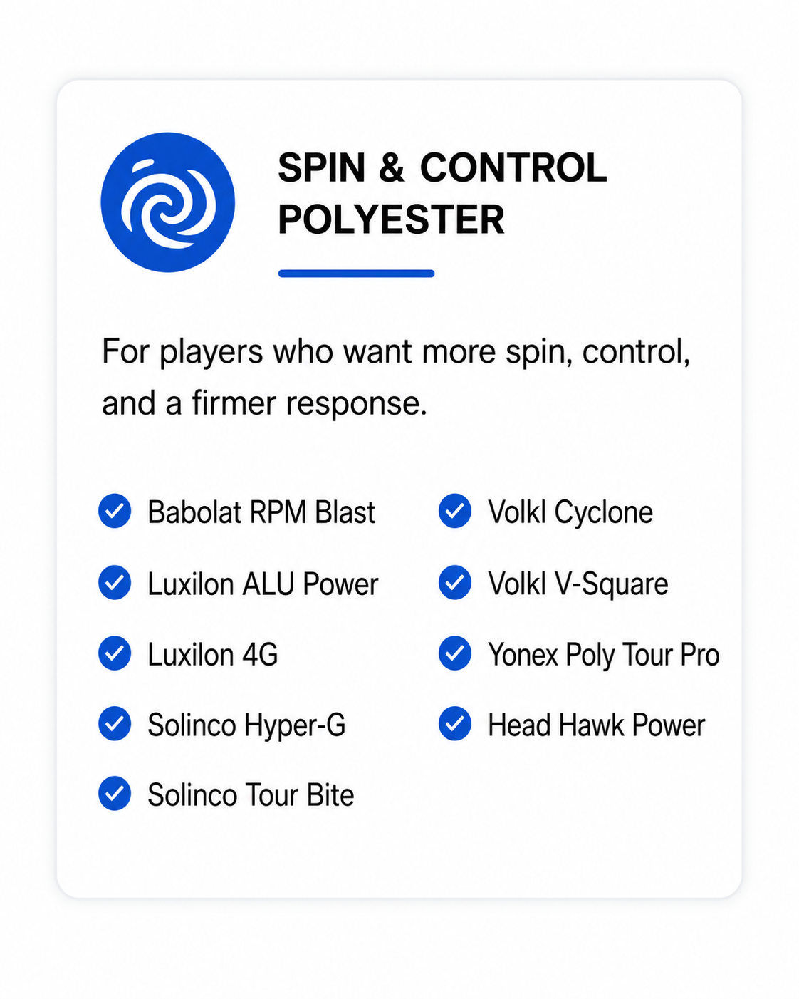 spin and control polyester tennis strings available at Precision Stringing Lab  including RPM Blast, ALU Power, Hyper-G, Tour Bite, Volkl V-Square, Poly Tour Pro, and Head Hawk Power