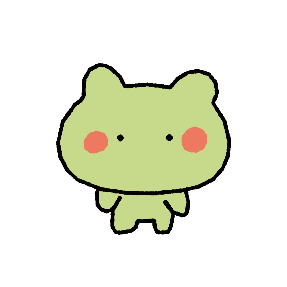 Cute cartoon green frog with pink cheeks on a black background.