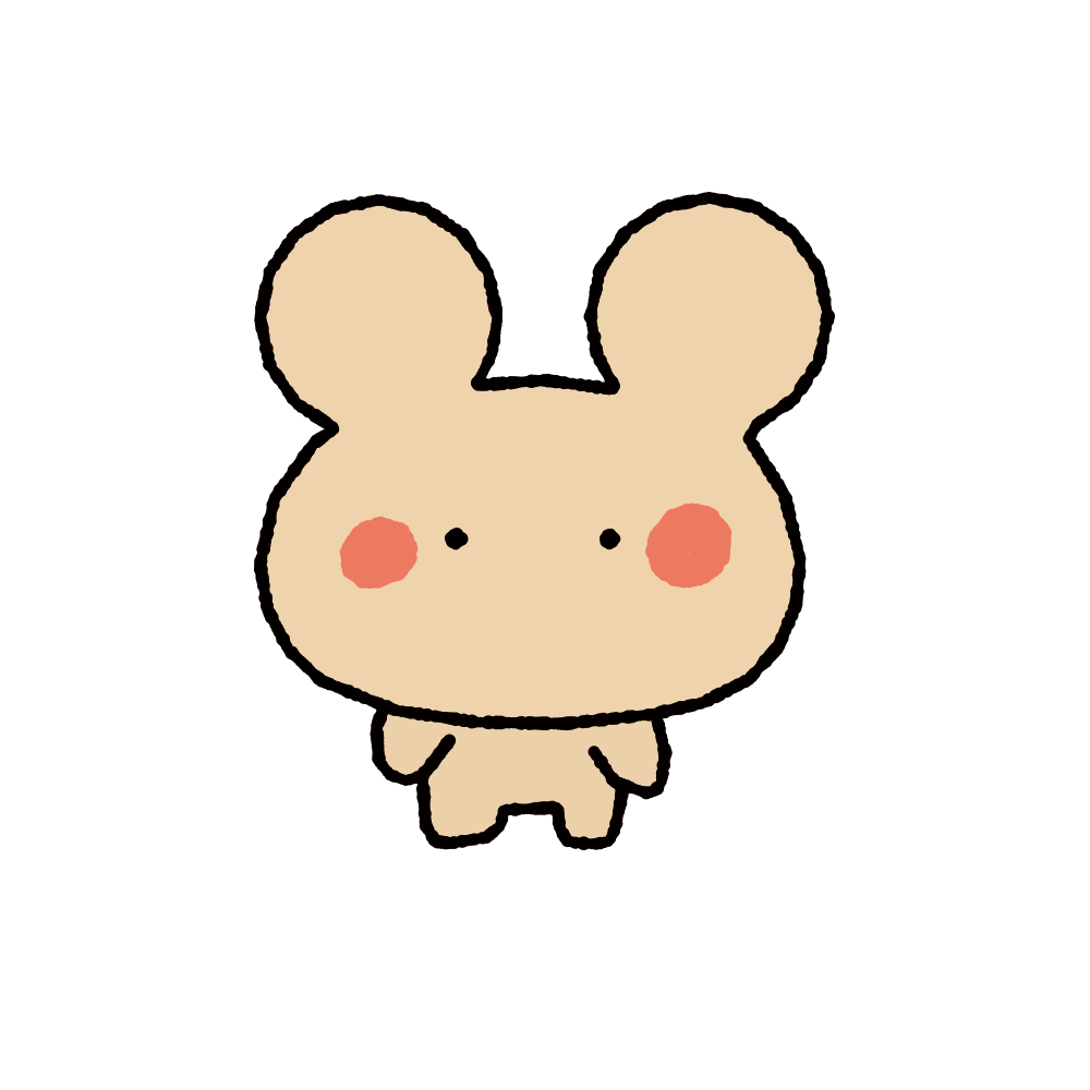 Cute cartoon animal with large ears, pink cheeks, small black eyes, and a tiny body, set against a black background.
