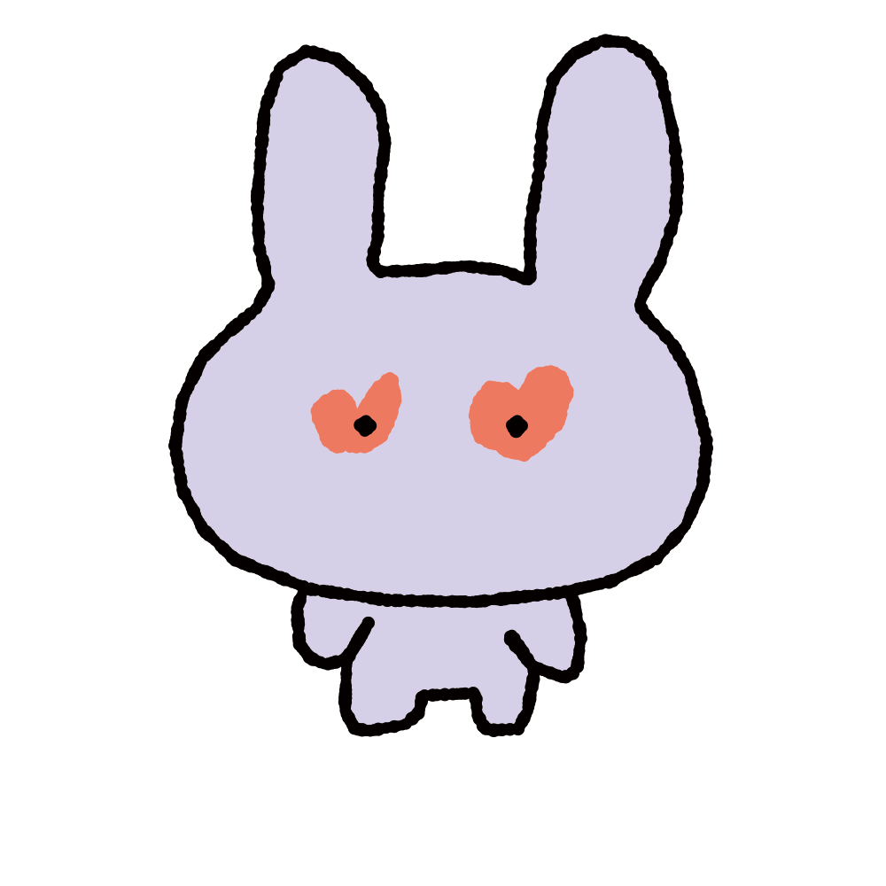 A cartoon drawing of a bunny with purple coloring, small body, and large ears. The bunny has heart-shaped eyes.