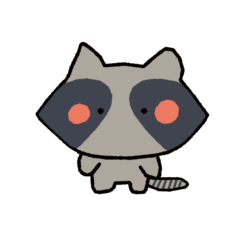 Cute cartoon raccoon with gray fur, black mask around eyes, pink cheeks, and striped tail, standing against a black background.