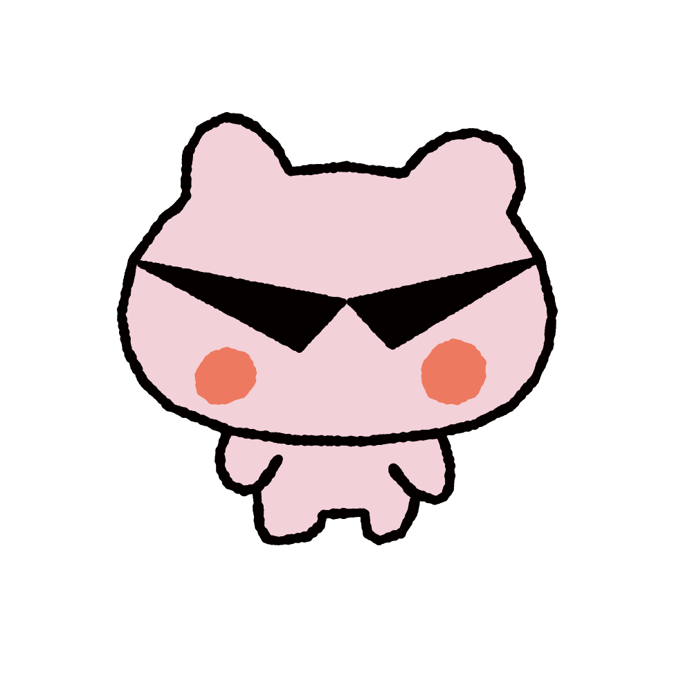 Cartoon character of a pink bear with sunglasses, blush on cheeks, and small paws, set against a black background.