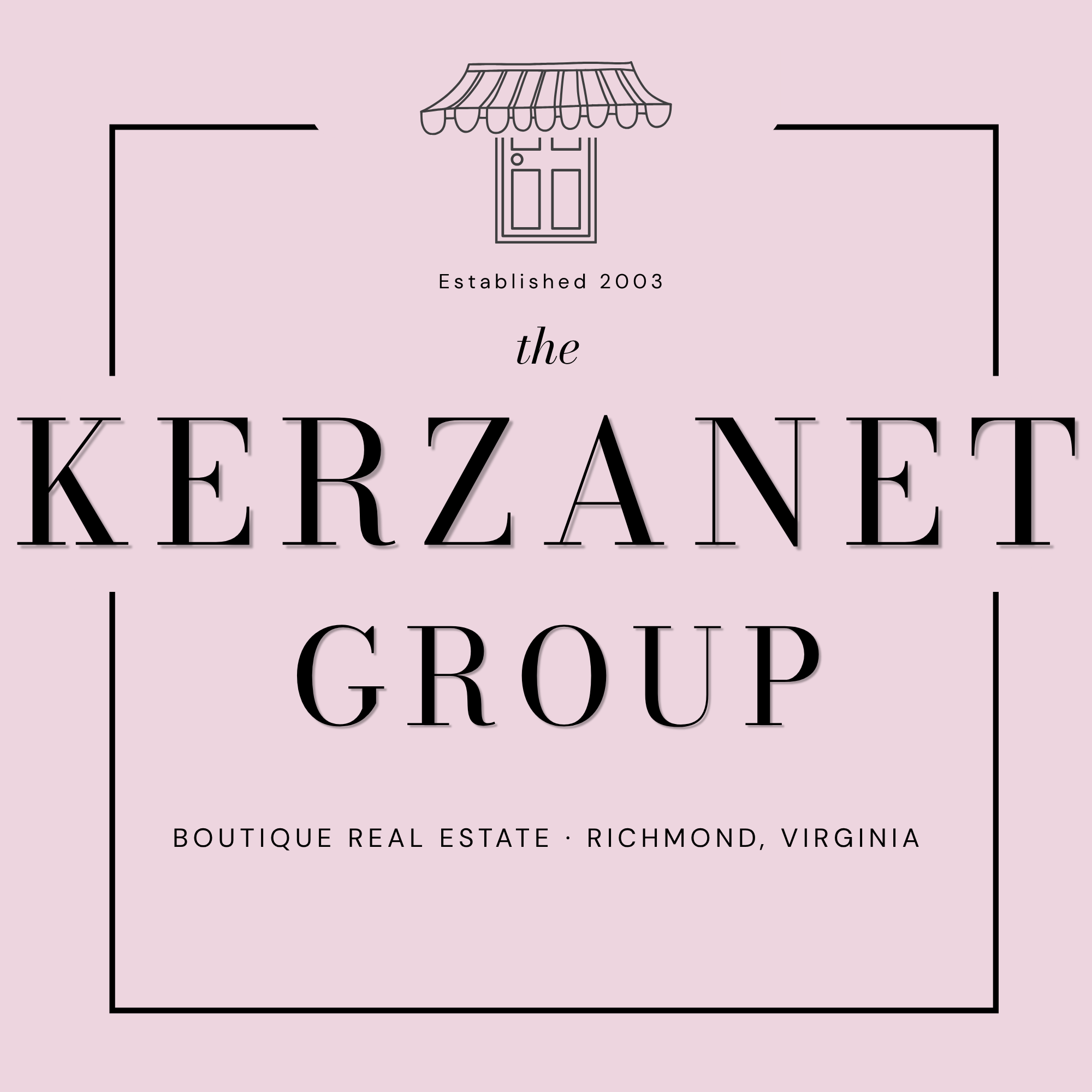 Logo for a boutique real estate company in Richmond, Virginia, established in 2003, featuring a simple line drawing of a storefront with a striped awning on a light pink background.