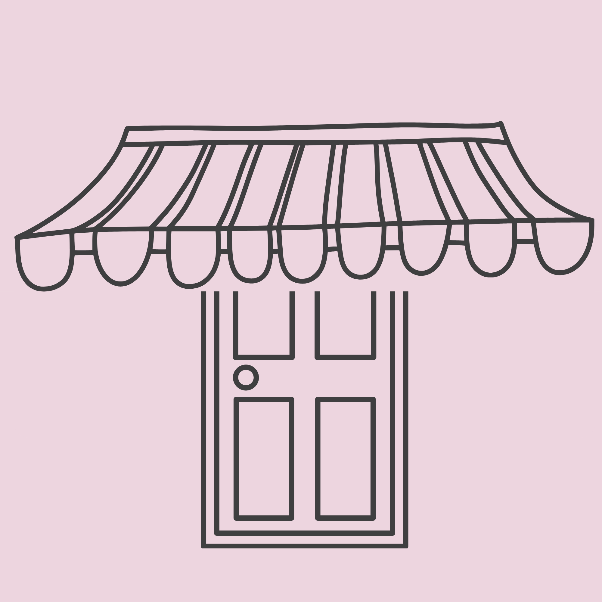Simple line drawing of a street vendor stall with a striped awning and a display case underneath, set against a light pink background.