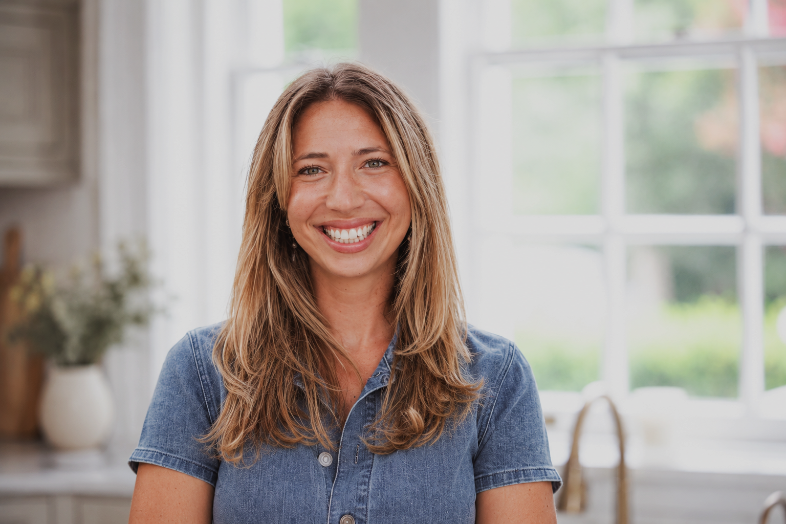 Smiling woman with long wavy hair, wearing a denim shirt, in a bright kitchen with large window and greenery outside.