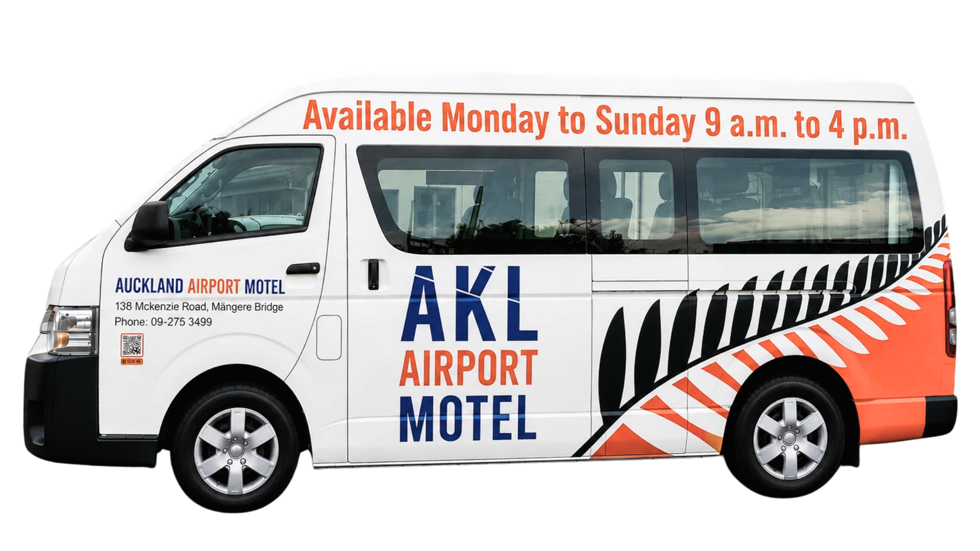 A white shuttle van with advertising for Auckland Airport Motel, indicating availability Monday to Sunday from 9 a.m. to 4 p.m., parked against a white background.